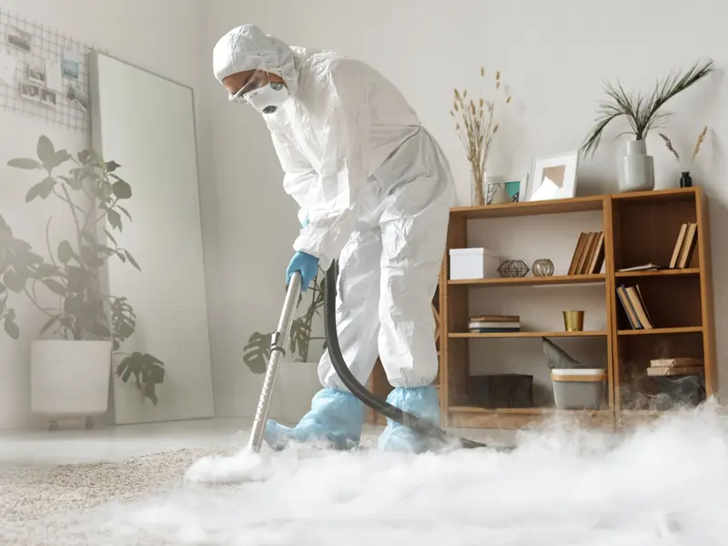 Person in protective suit disinfecting room with fogging device for sanitation.