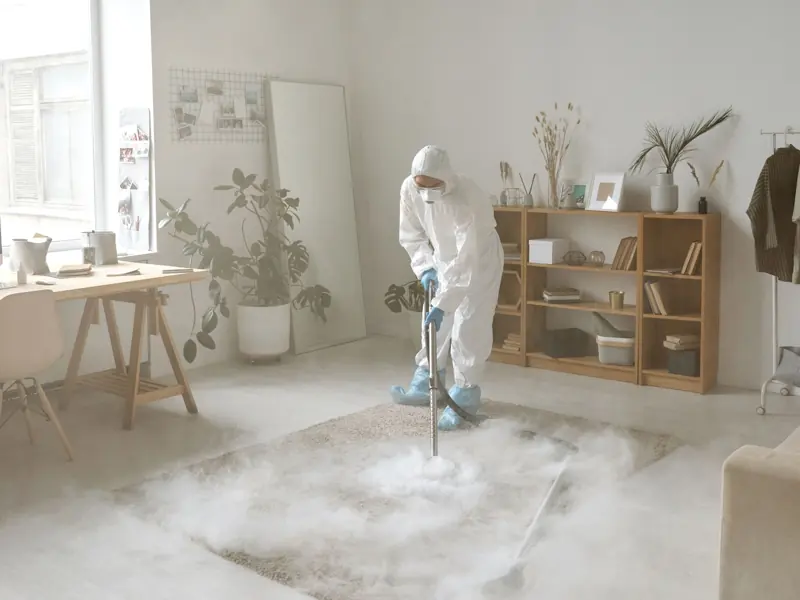 A person in protective gear disinfects a room with smoke, ensuring safety against germs.