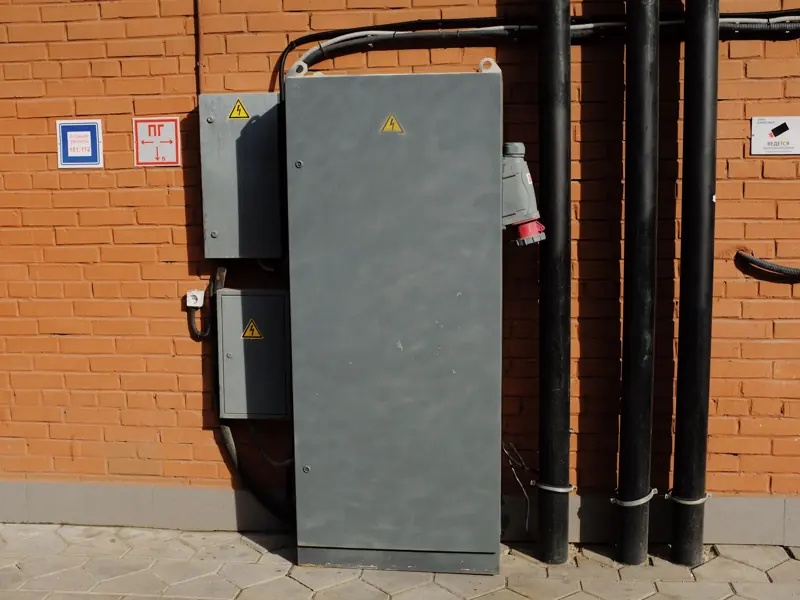 Outside cabinet of electrical power supply system installed along brick wall in sunny day