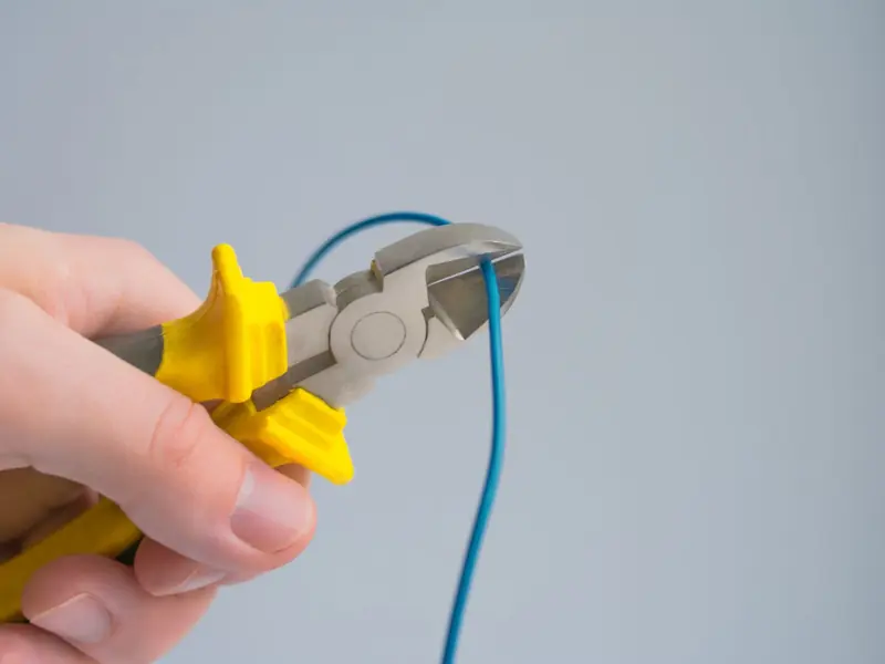 Detailed image of a hand using pliers to cut a blue wire on a gray background.