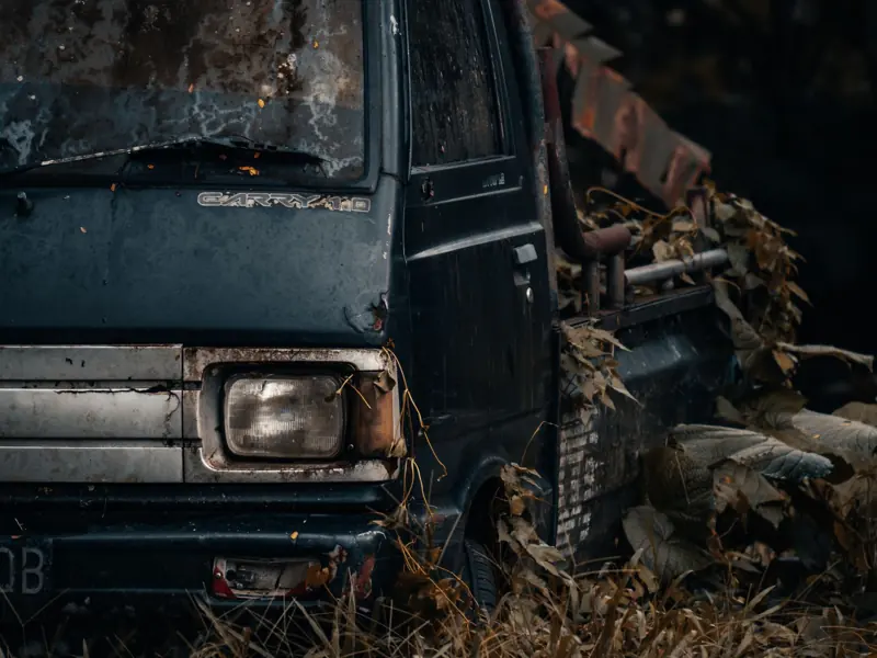 Close-up of a rusty, abandoned truck surrounded by overgrown wild plants in Indonesia.
