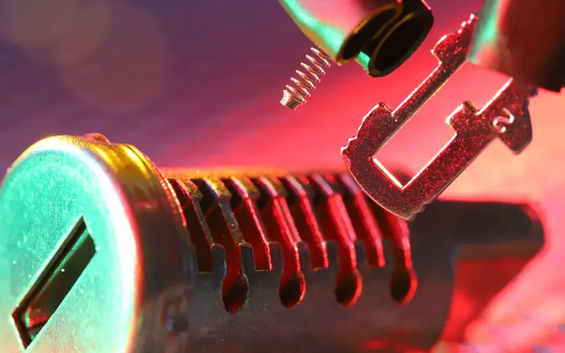 Macro shot of a mechanical lock cylinder and key, highlighting detailed components under vibrant lighting.