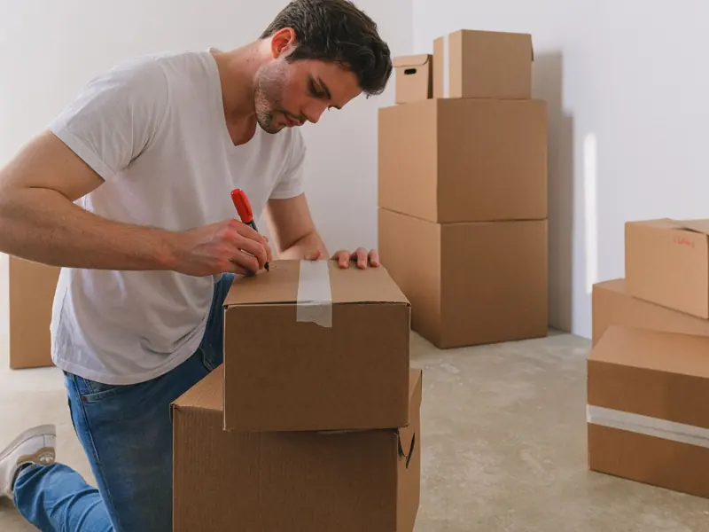 A man labels cardboard boxes for moving, kneeling indoors with natural light.