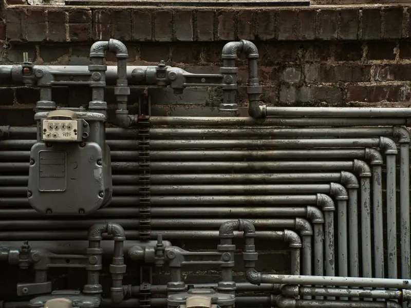 Detailed view of industrial steel pipes and a gas meter on a brick wall.