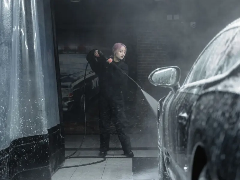 A young woman in a black outfit washing a car with foam and water spray indoors.