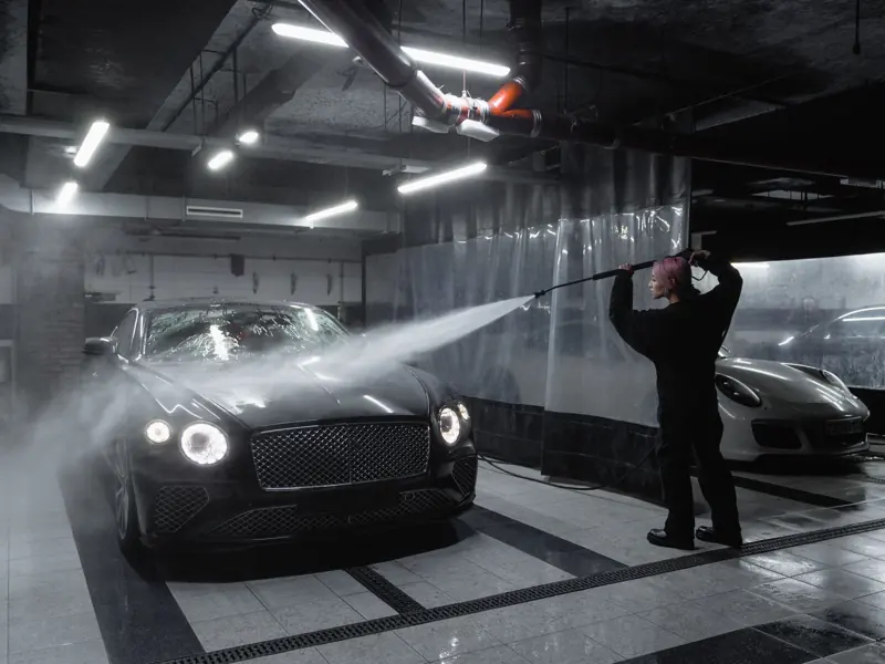 A person washing a black luxury car in a dimly lit garage using a pressure washer.