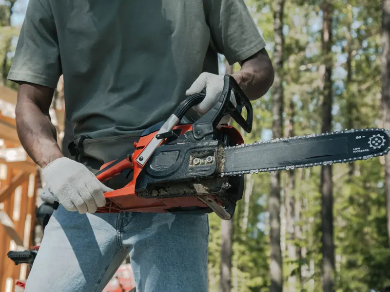 An adult holding a chainsaw outdoors, showcasing forest work equipment usage.